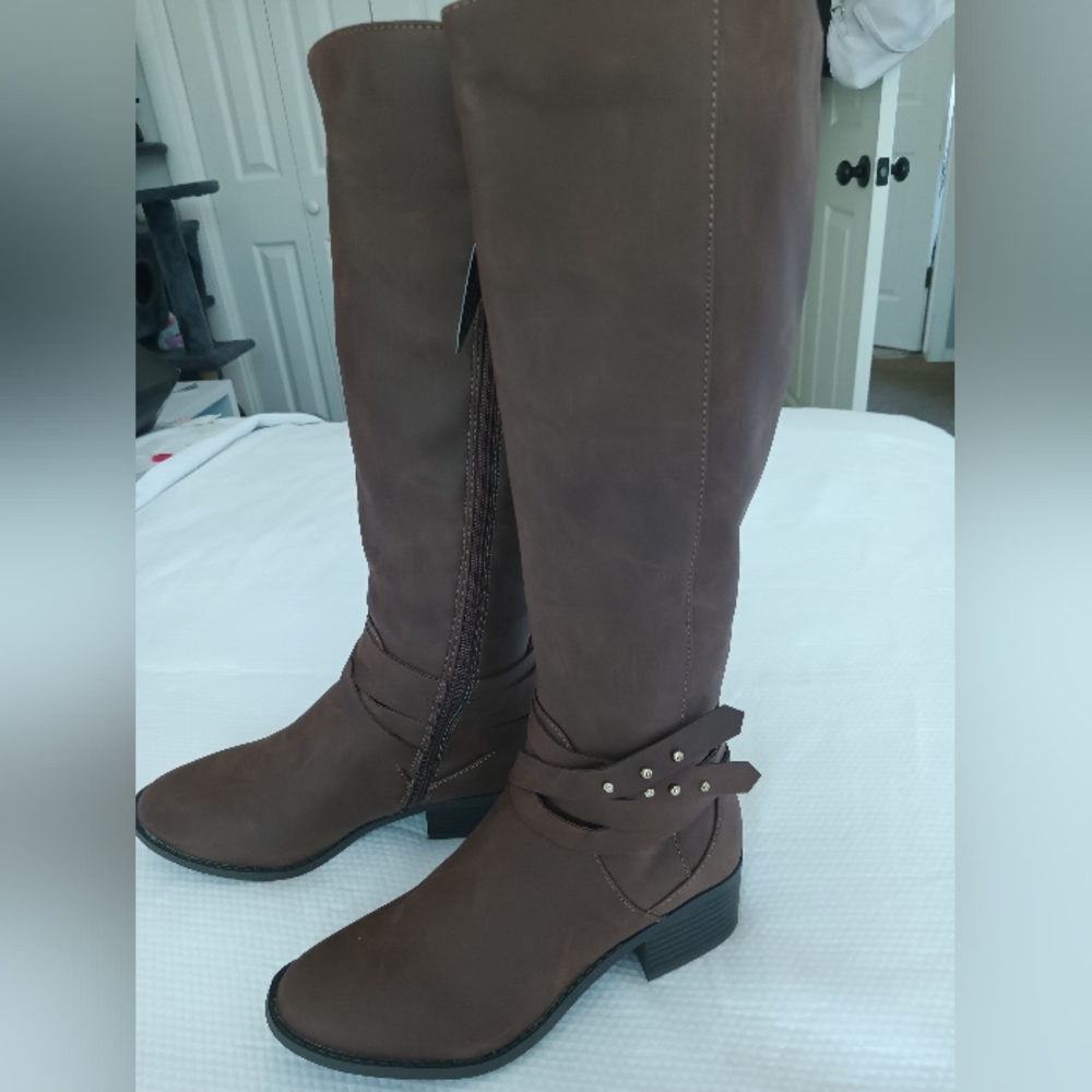 Material Girl Damien Knee High Boots, Cognac size 7.
